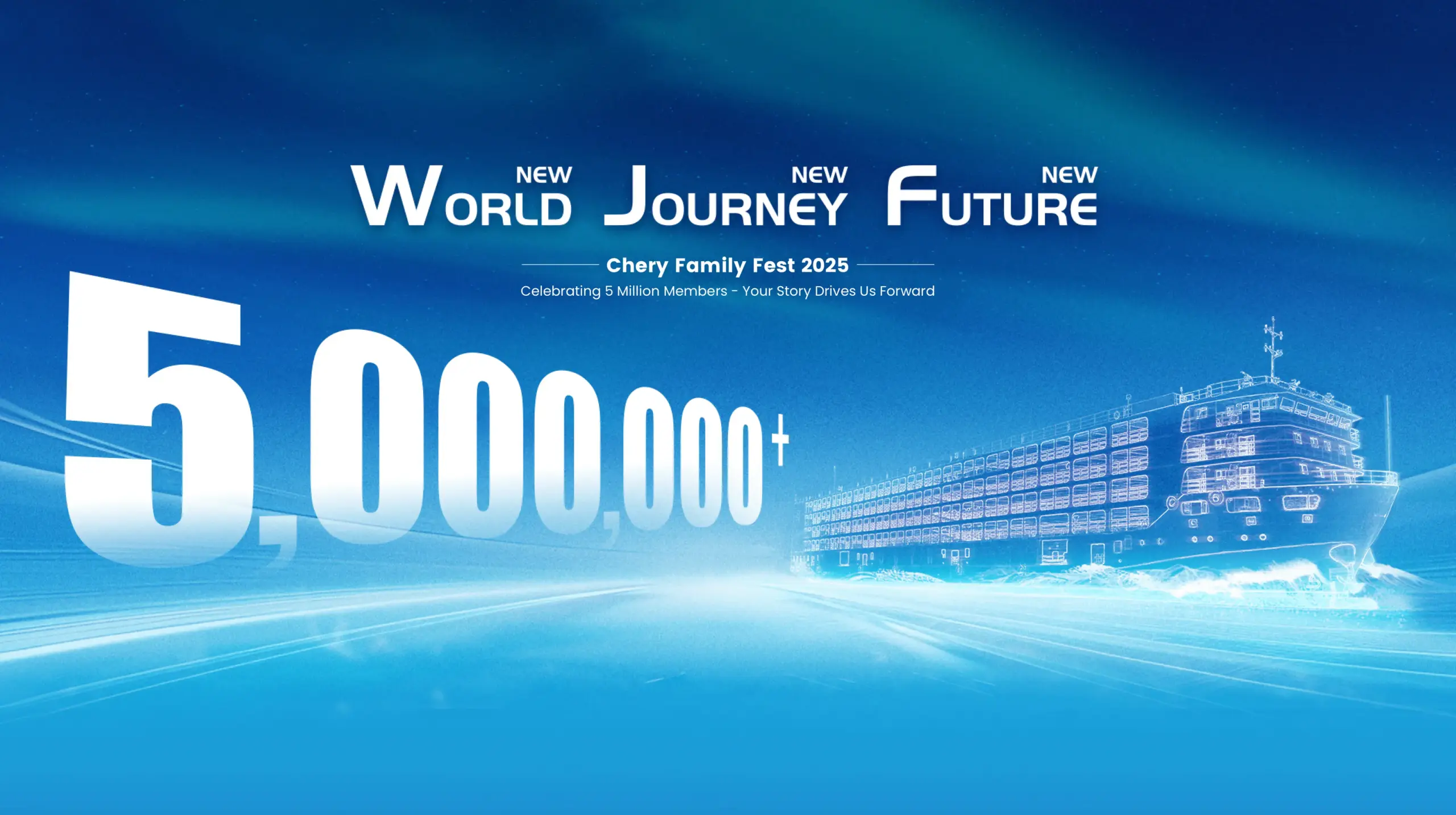 Banner zum Chery Family Fest 2025 mit dem Slogan „New World New Journey New Future“, Darstellung eines Schiffes und Hinweis auf über 5.000.000 Mitglieder